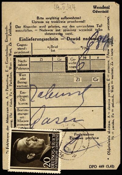 Dowód nadania przesyłki do obozu Gusen z lutego 1944 r. (fot. arch. S. Zalewskiego)