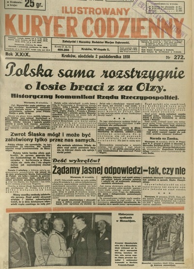 Przedstawienie w prasie argumentacji polskich władz odnośnie do działań prowadzonych względem Czechosłowacji – „Ilustrowany Kuryer Codzienny”, 2 października 1938 r.