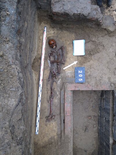 Pierwotna jama grobowa ze szczątkami mężczyzny w ułożeniu anatomicznym. Widoczny brak kości lewej nogi i części miednicy na skutek wybudowania w tym miejscu późniejszego grobu. W czaszce widoczny otwór postrzałowy (fot. K. Szwagrzyk)