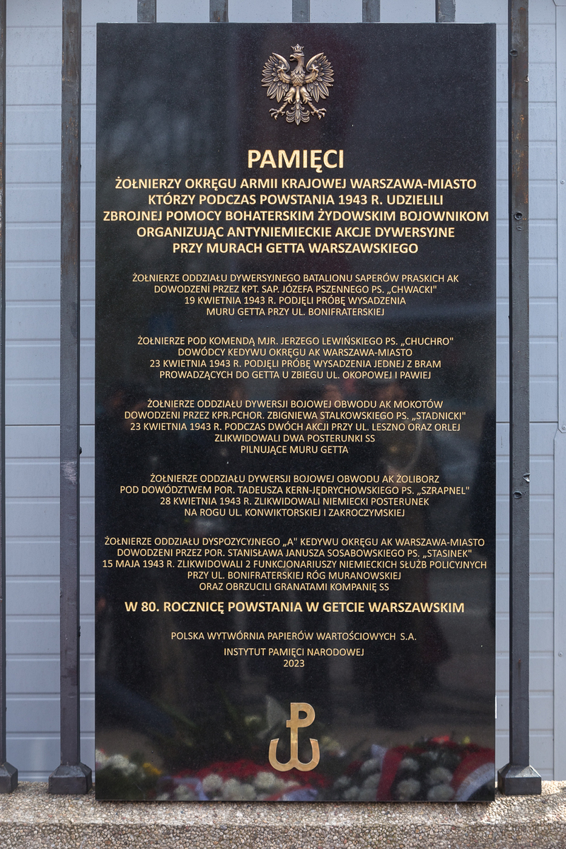 The unveiling of a plaque commemorating Home Army soldiers who provided assistance to insurgents in the Warsaw Ghetto - Warsaw, 18 April 2023