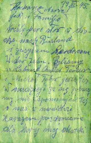 Note to a family, thrown from a train by one of the interned persons. The document belongs to Mr. Gabriel Tomczyk