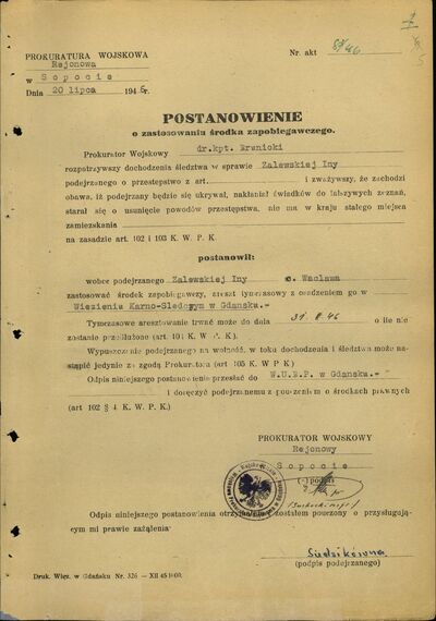Postanowienie o zastosowaniu środka zapobiegawczego. Sopot, 20 lipca 1946 r. (IPN Gd 323/1, s. 5)