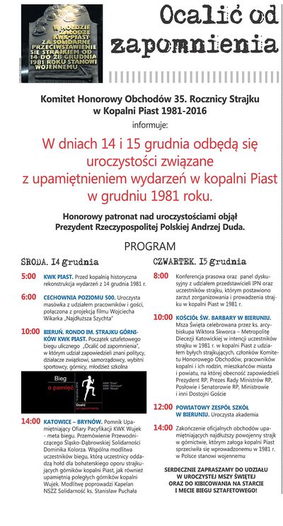 Plakat obchodów 35. rocznicy strajku w KWK „Piast”.