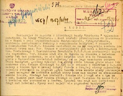 Pismo Szefa PUBP w Łasku do Szefa WUBP w Łodzi z 12 VIII 1949 r. (Archiwum IPN w Łodzi, WUBP w Łodzi, sygn. pf 10/747, t. I, k. 72).