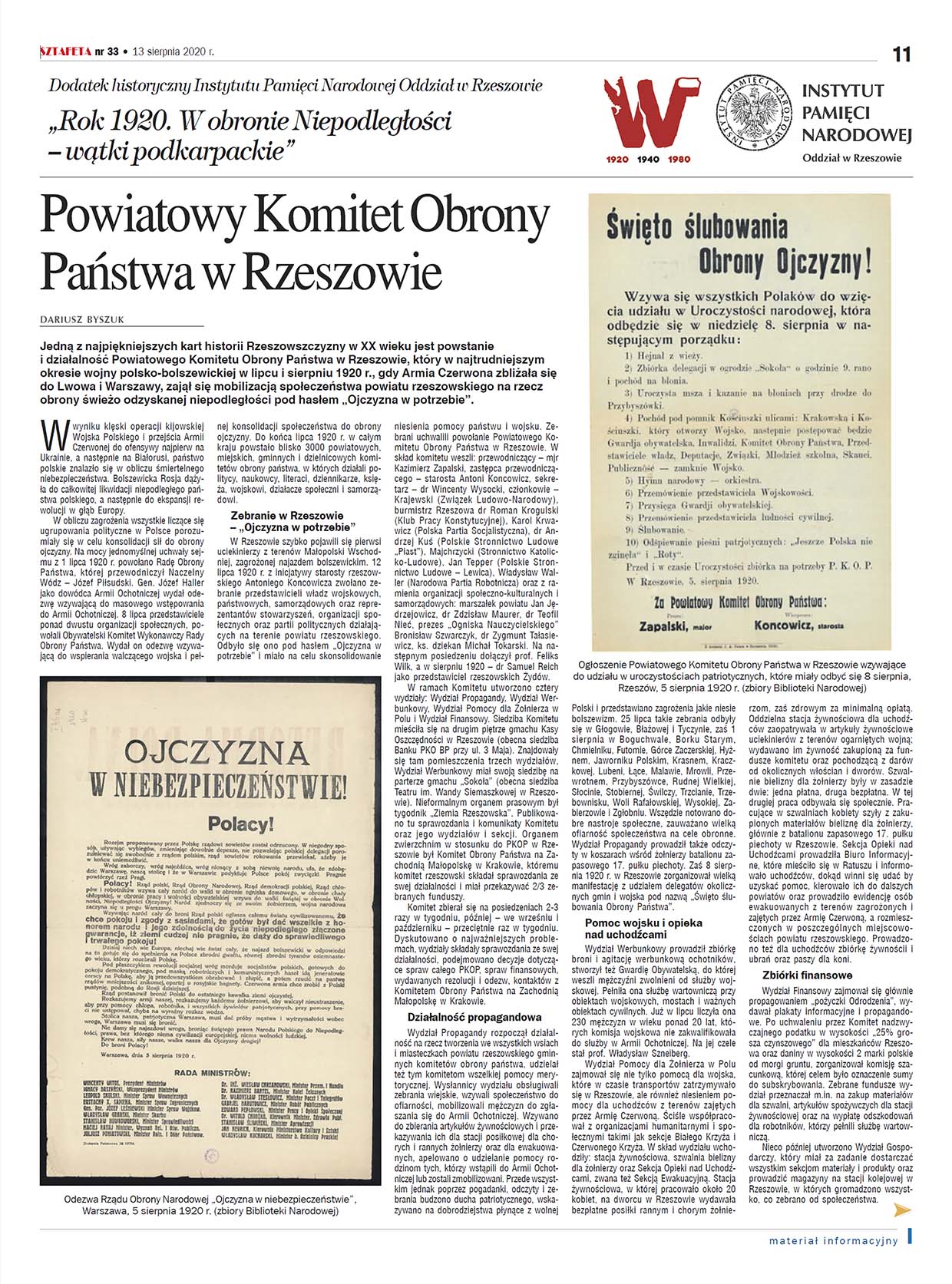 „Rok 1920. W obronie Niepodległości – wątki podkarpackie” – dodatek prasowy IPN Rzeszów w „Życiu Podkarpackim”, „Obserwatorze Lokalnym” i „Sztafecie” - okładka