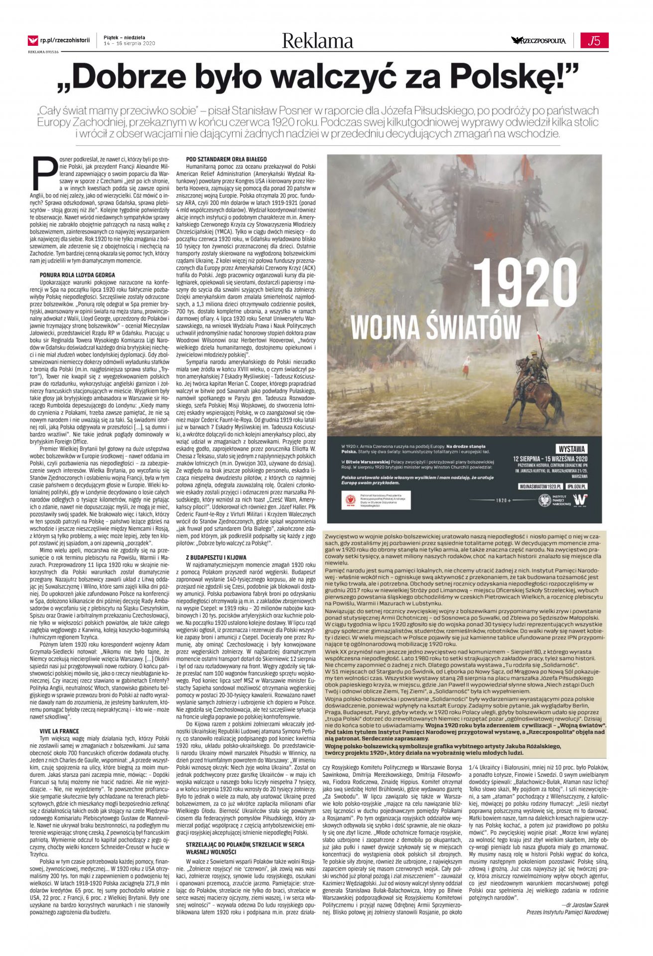 „Dobrze było walczyć za Polskę” – dodatek historyczny do „Rzeczpospolitej” z 14 sierpnia 2020 - okładka