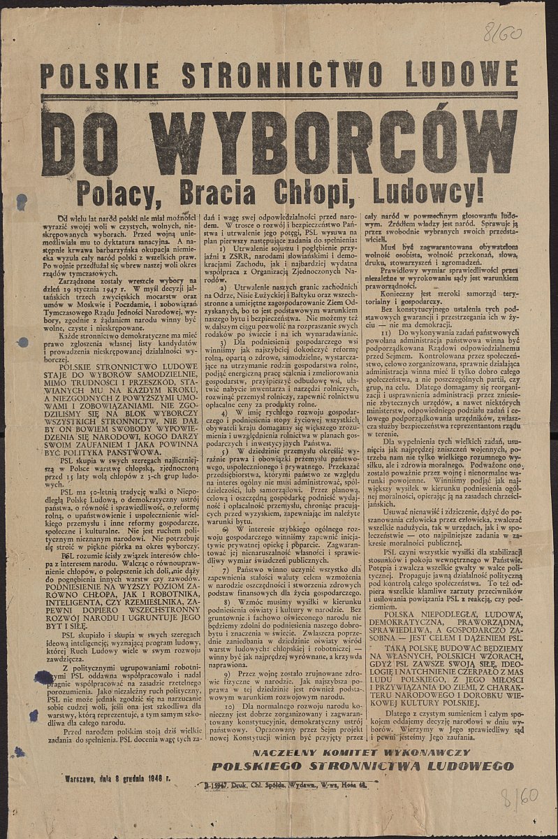 Odezwa wyborcza Naczelnego Komitetu Wykonawczego PSL, 8 XII 1946 r. (fot. Archiwum IPN)