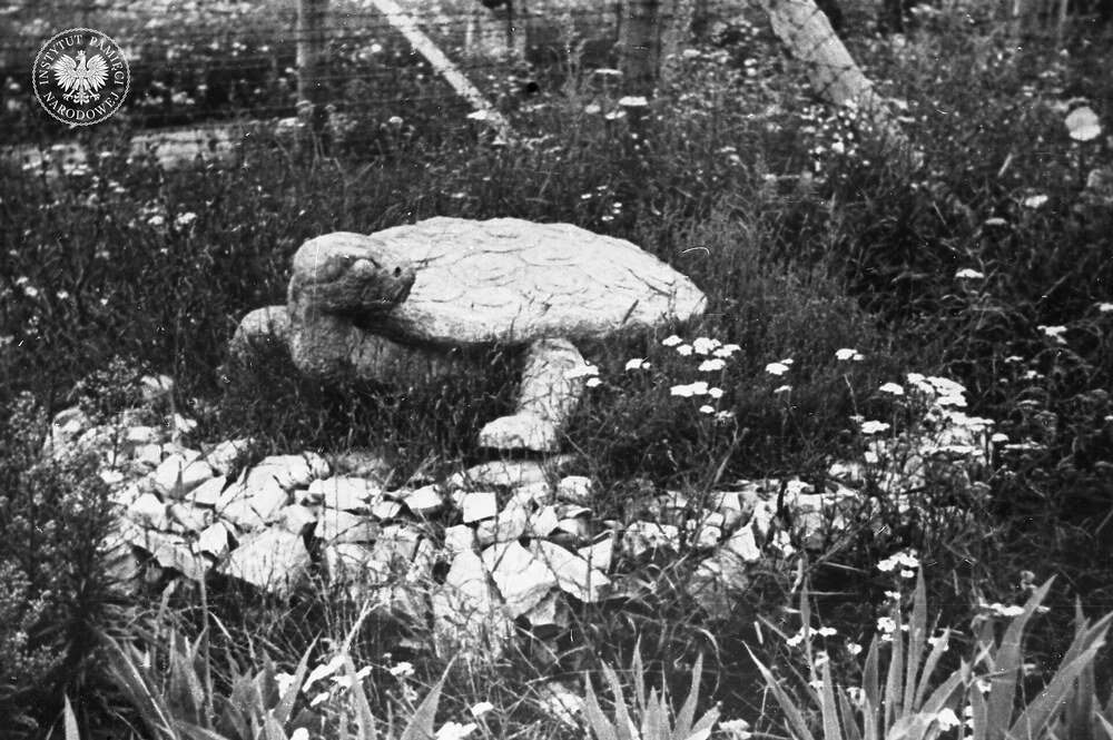 Rzeźba Albina Bonieckiego z 1943 r. przedstawiająca żółwia. Zdjęcie wykonane w KL Lublin po wyzwoleniu obozu w lipcu 1944 r. Fot. Stanisław Magierski. Fot. z zasobu IPN
