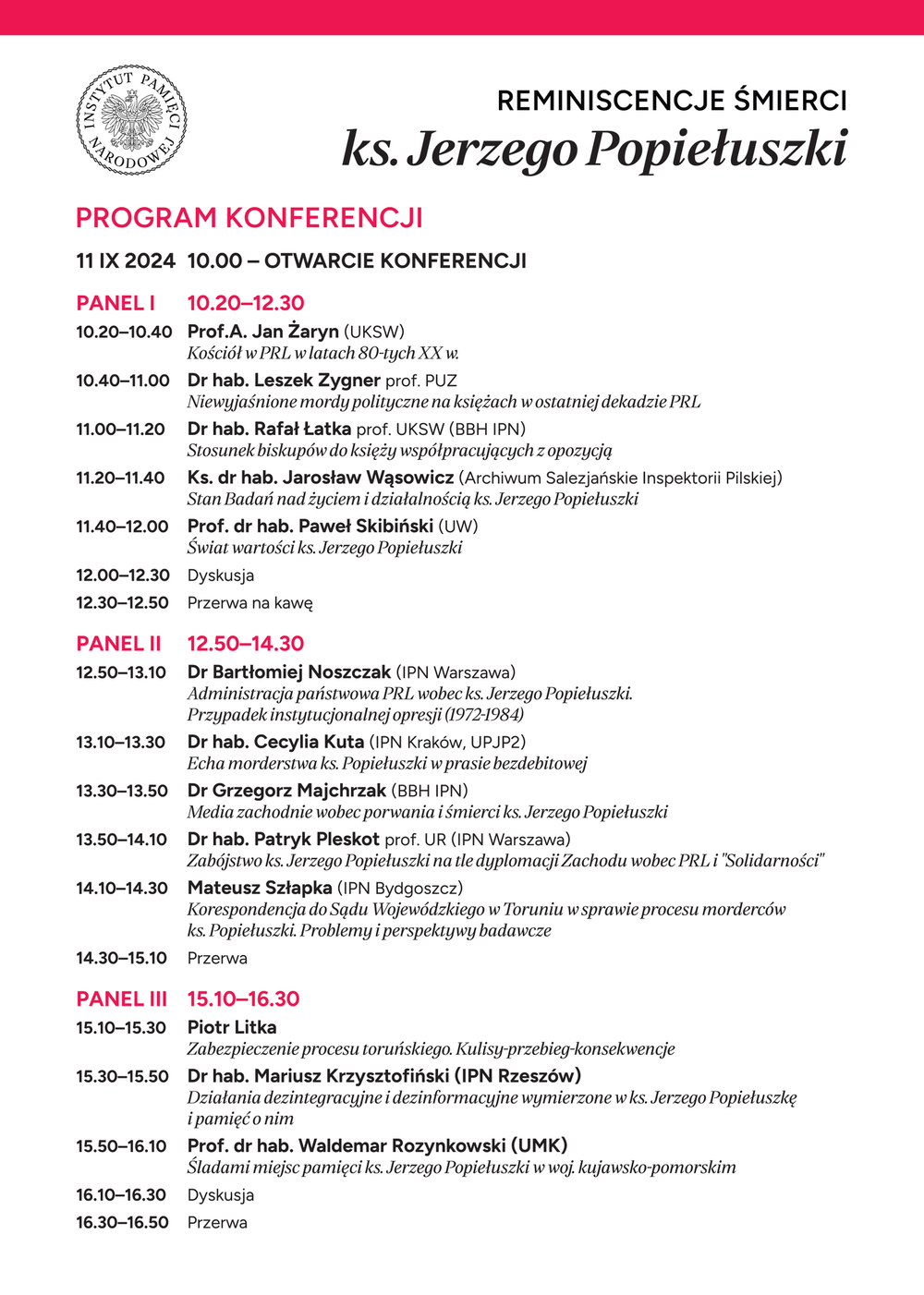 Program konferencji „Reminiscencje śmierci ks. Jerzego Popiełuszki”