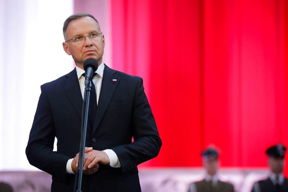 Apel Pamięci przed Pomnikiem Poległych w 1920 r. – Warszawa, 14 sierpnia 2024. Na zdj. Prezydent RP Andrzej Duda. Fot. Mikołaj Bujak (IPN)