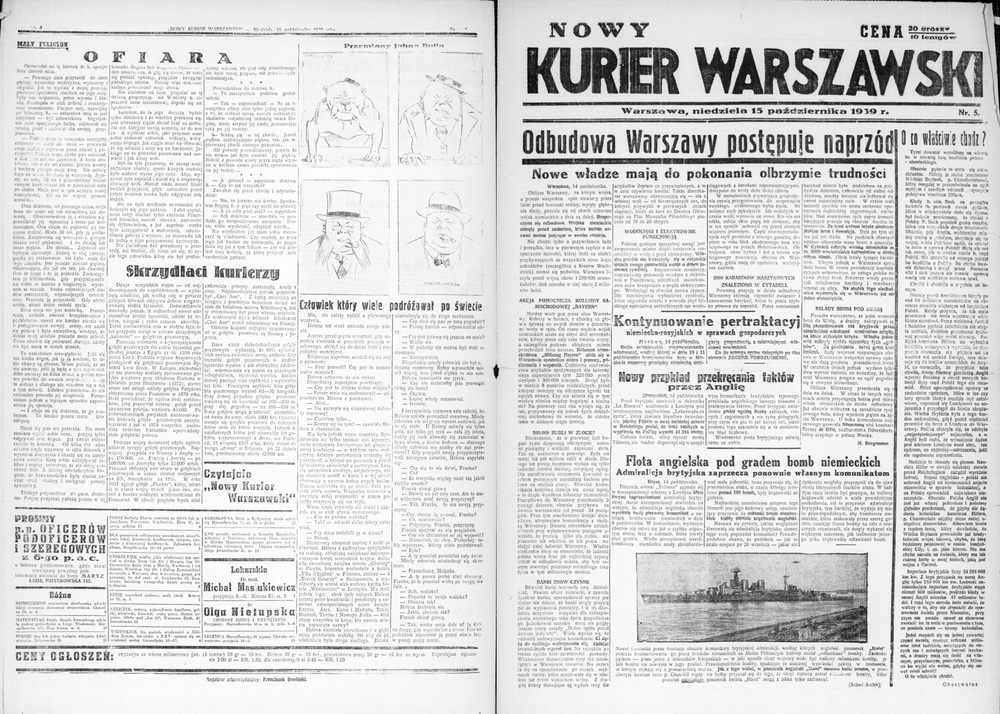 „Nowy Kurier Warszawski” 1939, nr 5 (15 października) - ostatnia i pierwsza strona (ze zbiorów Biblioteki Narodowej)