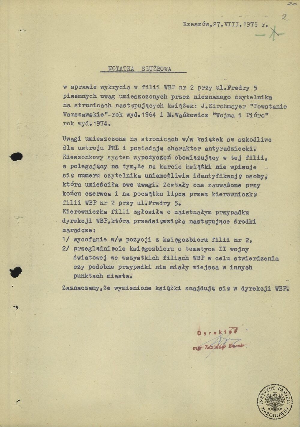 Notatka służbowa sporządzona przez Zdzisława Daraża, dyrektora Wojewódzkiej Biblioteki Publicznej w Rzeszowie, 27 sierpnia 1975 r. (z zasobu IPN)