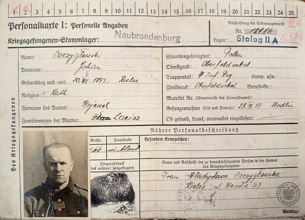 Karta personalna (niem. personalkarte) Jana Szczygłowskiego ze Stalagu II A Neubrandenburg (z zasobu AIPN)
