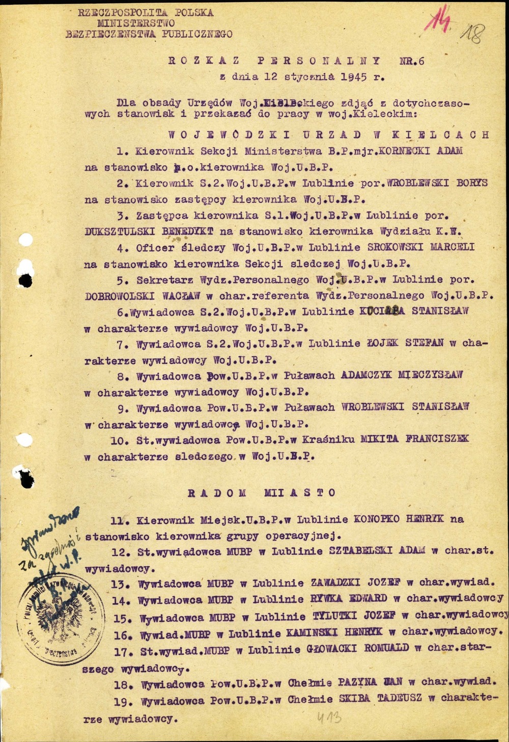 Rozkaz personalny nr 6 z 12 stycznia 1945 r. dotyczący powołania Grupy Operacyjnej na województwo kieleckie (z zasobu AIPN)