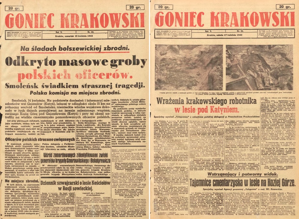 Doniesienia okupacyjnego dziennika propagandowego o odkryciu miejsca zbrodni na polskich oficerach w Związku Sowieckim. „Goniec Krakowski”, nr 88 i 90 z kwietnia 1943 r.
