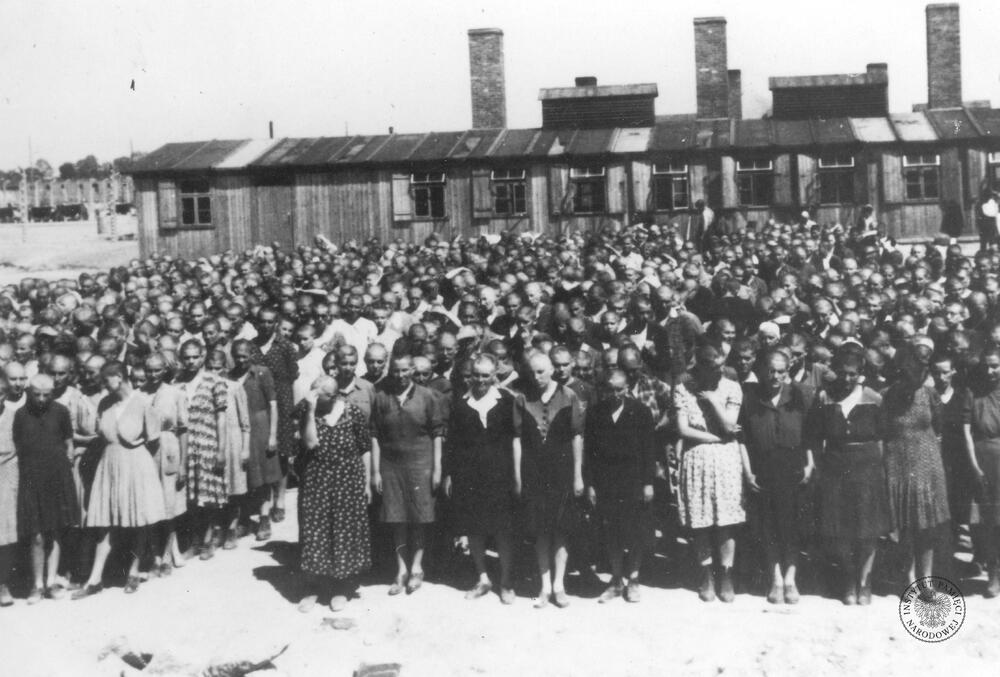 Kobiety z transportu Żydów z Węgier (?), przywiezione do niemieckiego nazistowskiego obozu koncentracyjnego i zagłady Auschwitz-Birkenau, wybrane podczas apelu jako zdolne do pracy. Źródło AIPN