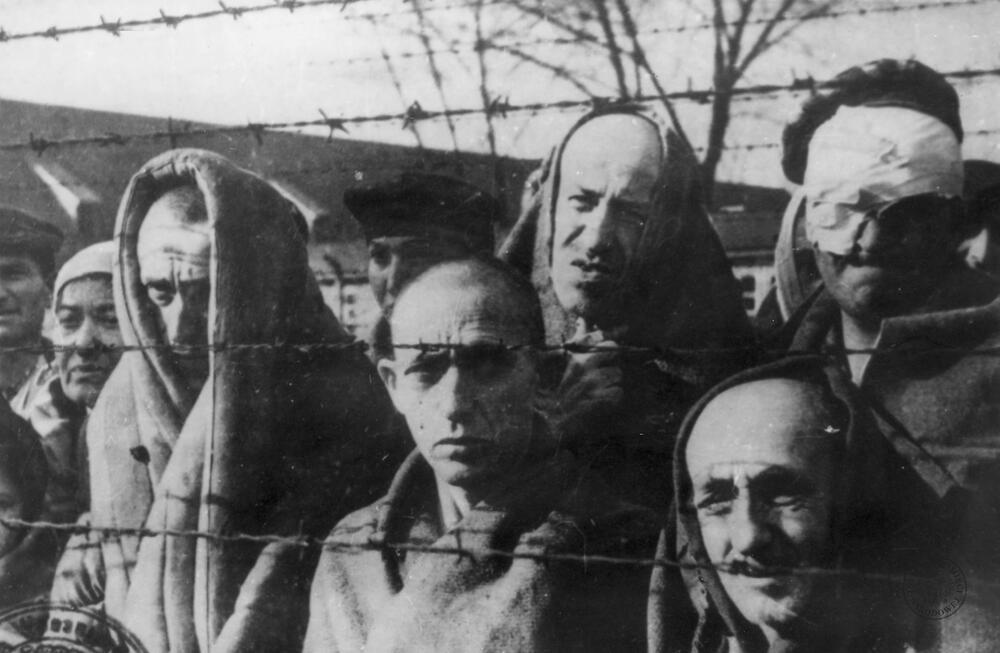 syg. GK-9-1-50-2, Zbliżenie grupy ocalałych więźniów stojących za drutami obozu koncentracyjnego KL Auschwitz-Birkenau. Autor nieznany. Domena publiczna. Źródło AIPN.