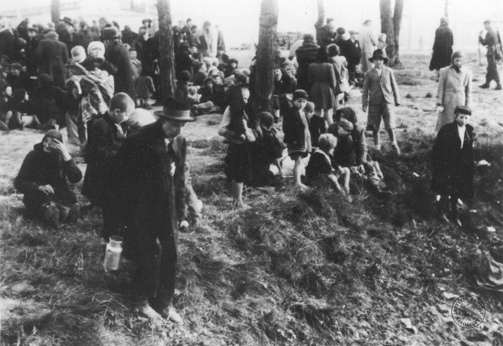 syg. GK-9-1-42-75, Liczna grupa nie nadających się do pracy mężczyzn, kobiet i dzieci w różnym wieku z transportu Żydów z Węgier(?) w pobliżu komór gazowych krematorium obozu zagłady KL Auschwitz-Birkenau w oczekiwaniu na eksterminację. Hoffmann E. - plutonowy SS, Walter B. - starszy sierżant SS. Źródło AIPN.