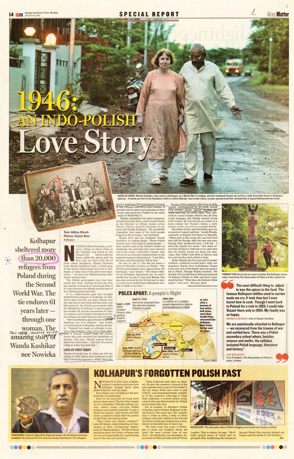 Artykuł prasowy dotyczący losów Wandy Nowickej i Vasanta Kashikara z 26 VIII 2007 r. Dokument pochodzi z kolekcji przekazanej do zasobu Archiwum IPN przez Koło Polaków z Indii 1942–1948