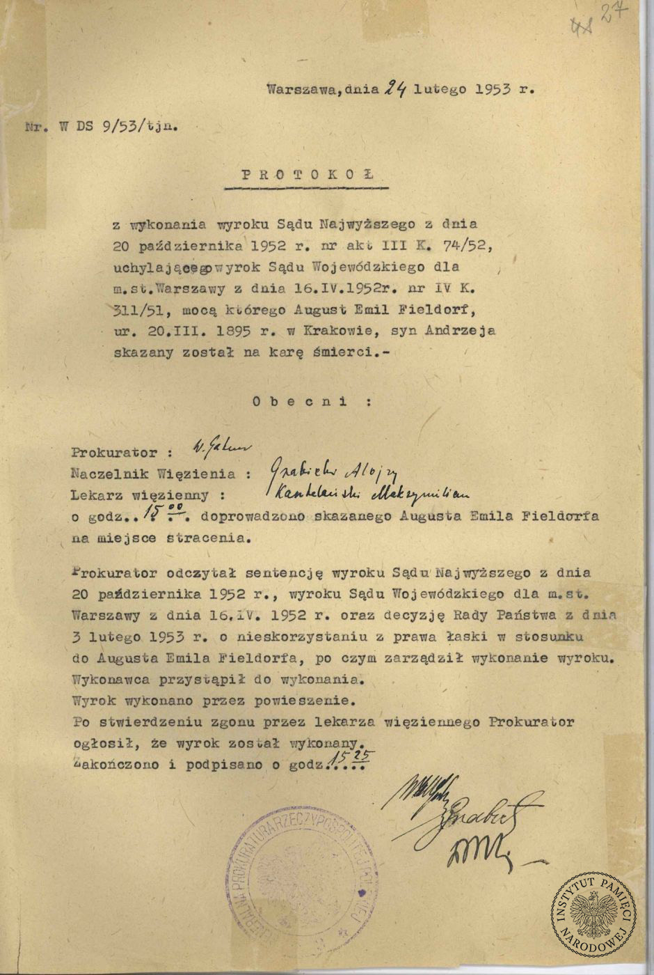 Protokół wykonania wyroku śmierci na Auguście Emilu Fieldorfie ps. Nil, AIPN, sygn. IPN GK 919_1678