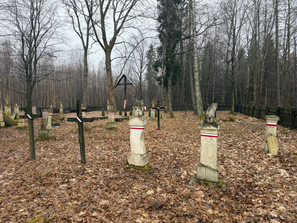 Przedstawiciele IPN oddali hołd ofiarom zbrodni w Hucie Pieniackiej (Ukraina) na miejscowym cmentarzu – 28 lutego 2025. Fot. Rafał Leśkiewicz (IPN)