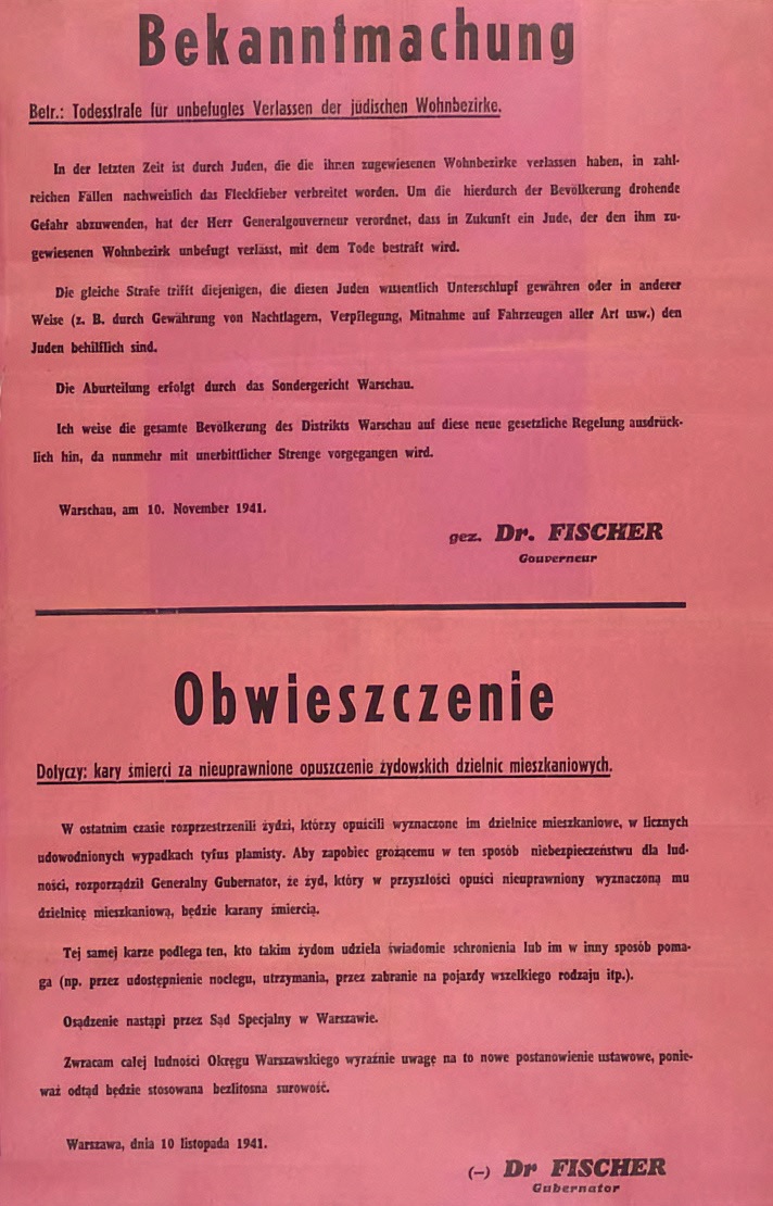 Obwieszczenie gubernatora dystryktu warszawskiego Ludwiga Fischera z 10 listopada 1941 r. grożące śmiercią osobom pomagającym Żydom