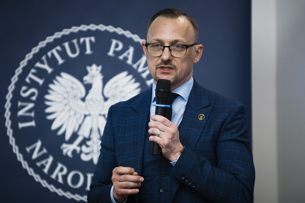 Ukraińscy dziennikarze z wizytą w Instytucie Pamięci Narodowej. Na zdj. rzecznik prasowy IPN, dyrektor Biura Rzecznika Prasowego dr Rafał Leśkiewicz – Warszawa, 19 marca 2025. Fot. Sławek Kasper (IPN)