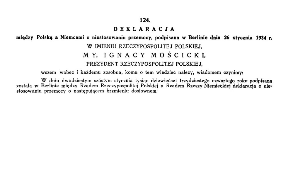 Obrazy stron z polskiego Dziennika Ustaw (1934 nr 16 poz. 124) z początkiem dokumentu Deklaracji między...
