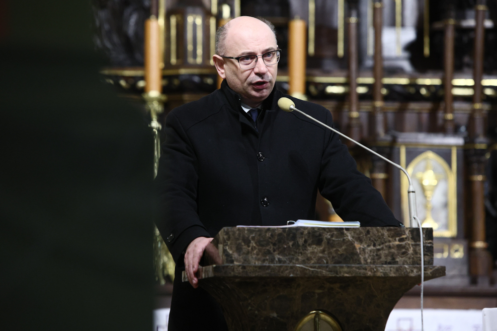 Pogrzeb Weroniki Bar – ratującej Żydów podczas II wojny światowej – Markowa, 8 kwietnia 2025. Na zdj. zastępca prezesa IPN dr Mateusz Szpytma. Fot. Sławek Kasper (IPN)