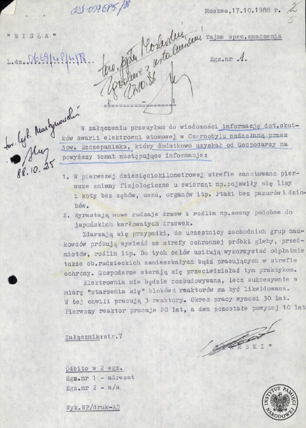 Pismo Grupy „Wisła” do Departamentu II MSW w Warszawie dotyczące skutków awarii w Czarnobylu. Moskwa, 17 października 1988 r. (z zasobu AIPN)