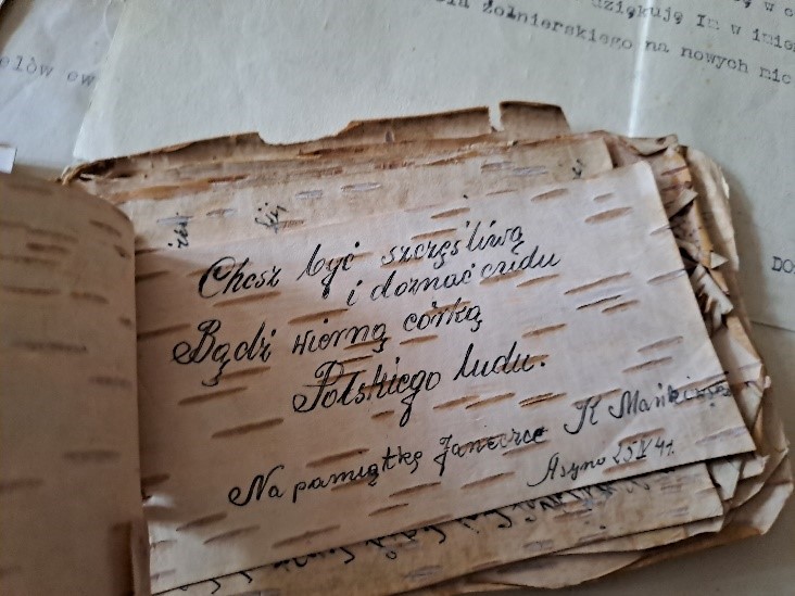 Karta z pamiętnika spisanego na korze brzozowej Janiny Krzeczkowskiej