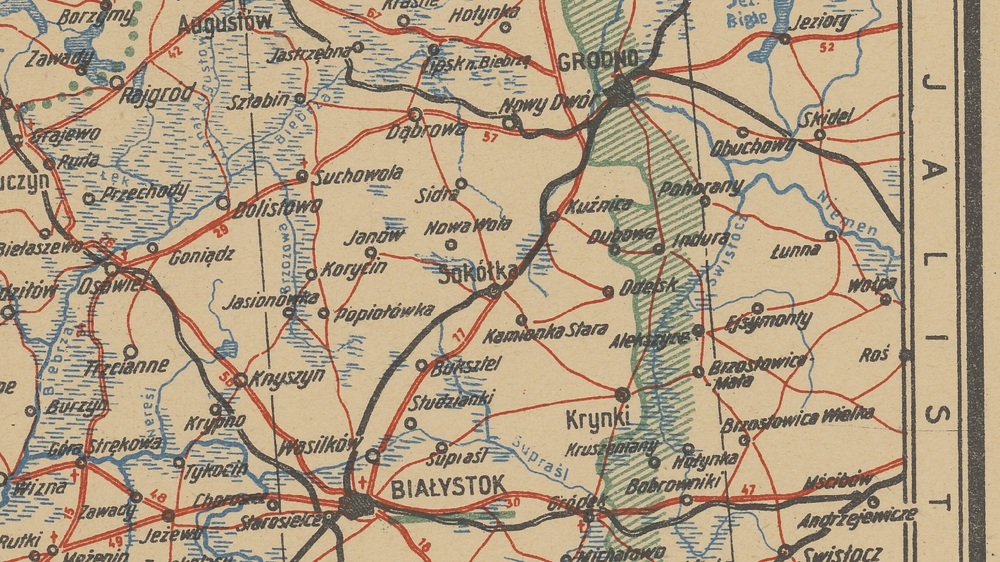 Okolice Kuźnicy na mapie z 1945 r. prezentującej m.in. przebieg granicy polsko-sowieckiej (ze zbiorów Biblioteki Narodowej)