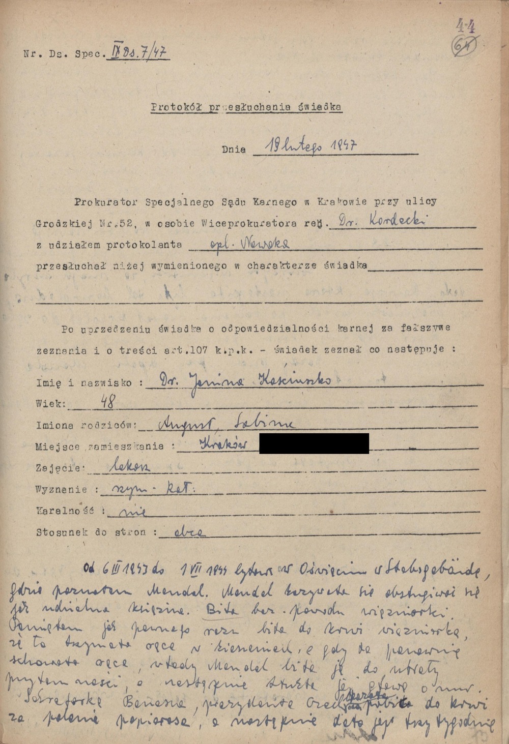 Zeznania złożone przez Janinę Kościuszko – świadka podczas procesu sądowego byłych członków załogi KL Auschwitz-Birkenau – w dniu 19 lutego 1947 r. (z zasobu AIPN)