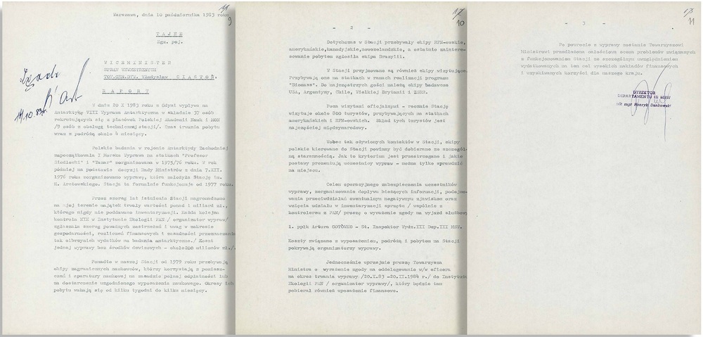 Pismo dyrektora Departamentu III MSW płk. Henryka Dankowskiego do wiceministra spraw wewnętrznych gen. Władysława Ciastonia dotyczące delegowania ppłk. Artura Gotówki na VIII Wyprawę Antarktyczną. Warszawa, 10 października 1983 r. (z zasobu AIPN)