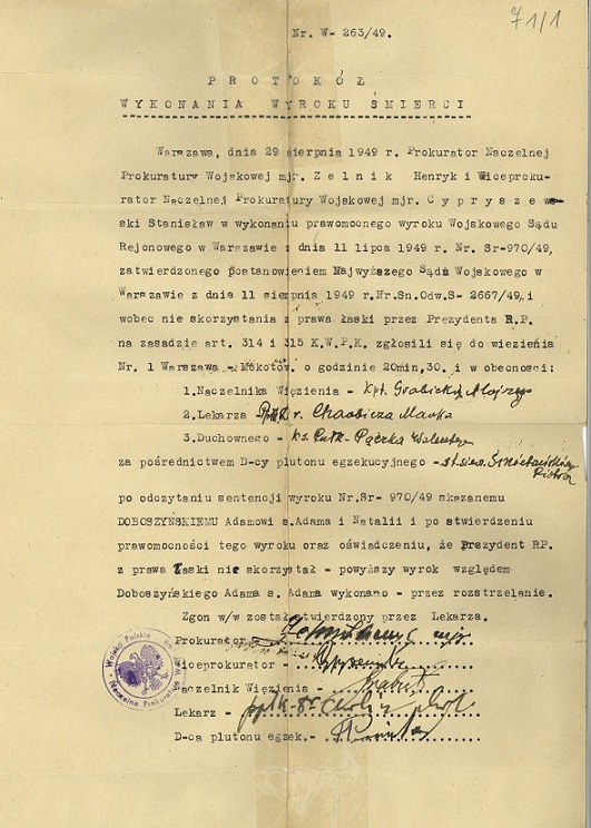 Protokół wykonania wyroku śmierci na Adamie Doboszyńskim. Warszawa, 29 VIII 1949 r. (z zasobu IPN)