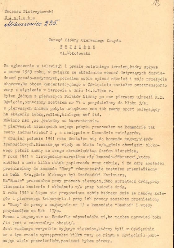 List Tadeusza Pietrzykowskiego do Zarządu Głównego Czerwonego Krzyża w Warszawie, w którym opisuje eksperymenty pseudomedyczne, jakim był poddawany w KL Auschwitz, Archiwum IPN, akta o sygn. GK 927/982