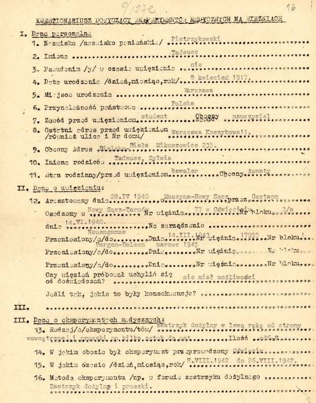 Kwestionariusz Tadeusza Pietrzykowskiego dotyczący eksperymentów medycznych na więźniach, Archiwum IPN, akta o sygn. GK 927/982