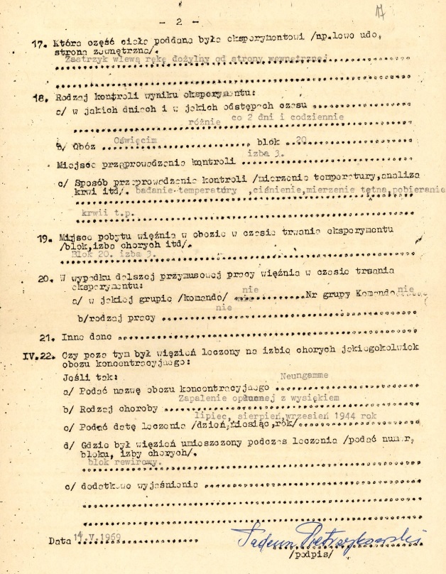Kwestionariusz Tadeusza Pietrzykowskiego dotyczący eksperymentów medycznych na więźniach, Archiwum IPN, akta o sygn. GK 927/982