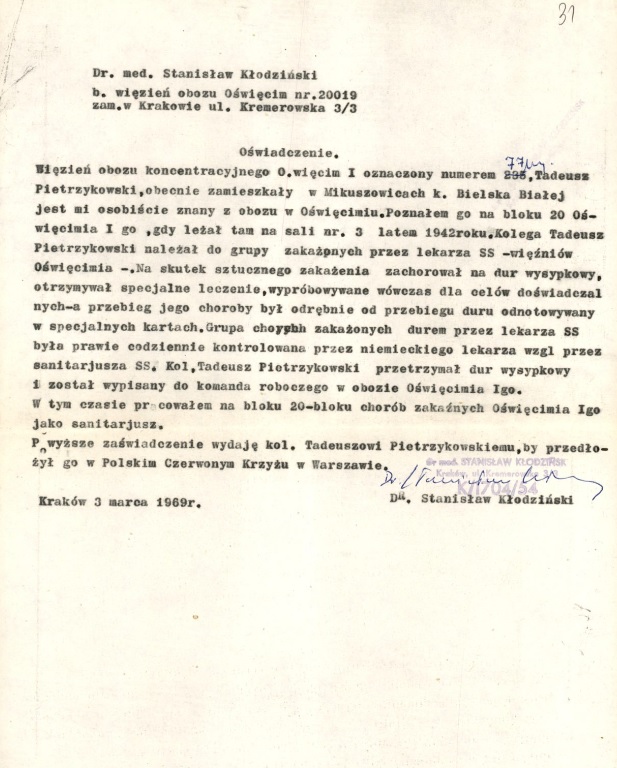 Świadectwo dr. med. Stanisława Kłodzińskiego, b. więźnia KL Auschwitz nr 20019 dot. poddawaniu eksperymentom pseudomedycznym Tadeusza Pietrzykowskiego, Archiwum IPN, sygn. GK 927