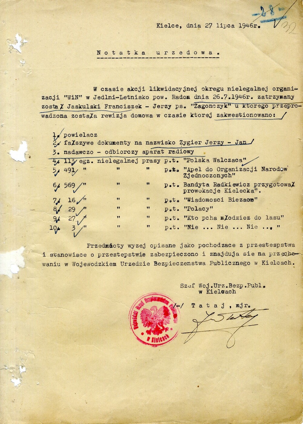 Dokument UB o przejęciu materiałów propagandowych ZZK. Z zasobu IPN