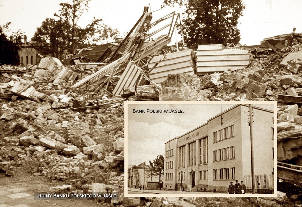 Budynek Banku Polskiego w Jaśle i jego ruiny (ilustracja za „Biuletynem IPN” - nr 9/2023)