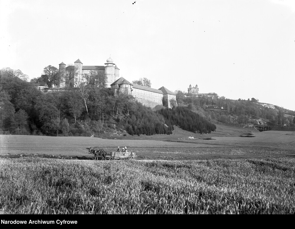 Widok ogólny warowni. W oddali widoczne zabudowania klasztoru pokarmelickiego, w którym znajdował się zakład karny. Fot. NAC