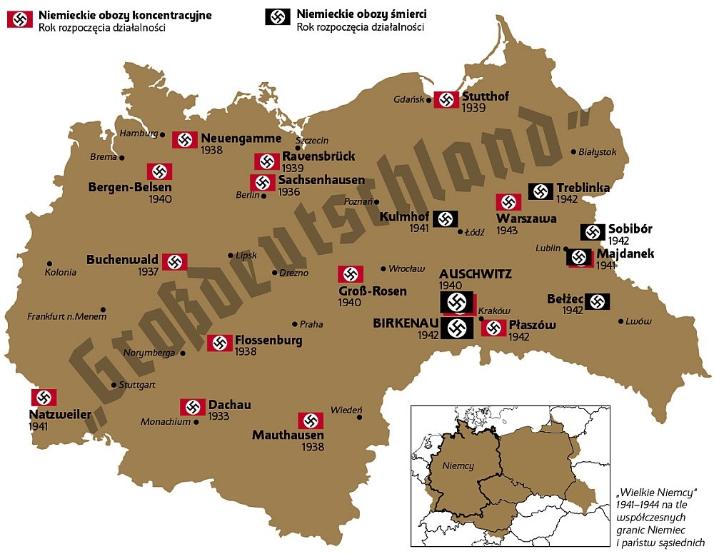 Najważniejsze niemieckie obozy koncentracyjne i niemieckie obozy śmierci w granicach tzw. Wielkich Niemiec w latach 1941-1944. Grafika z portalu IPN truthaboutcamps.eu