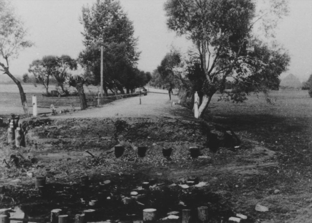 Polska zapora przeciwczołgowa w poprzek drogi koło Wizny nad Narwią. W szerokim wykopie widać szczyty wkopanych słupów. W głębi na drodze stoi niemiecki czołg, a na polu pod drzewami - wojskowy samochód osobowy. Fot. AIPN