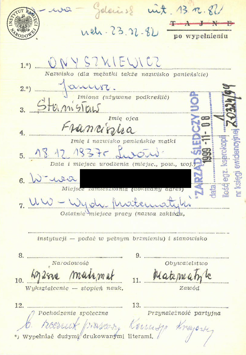 Janusz Onyszkiewicz – karta z kartoteki osób internowanych w okresie stanu wojennego (z zasobu IPN)