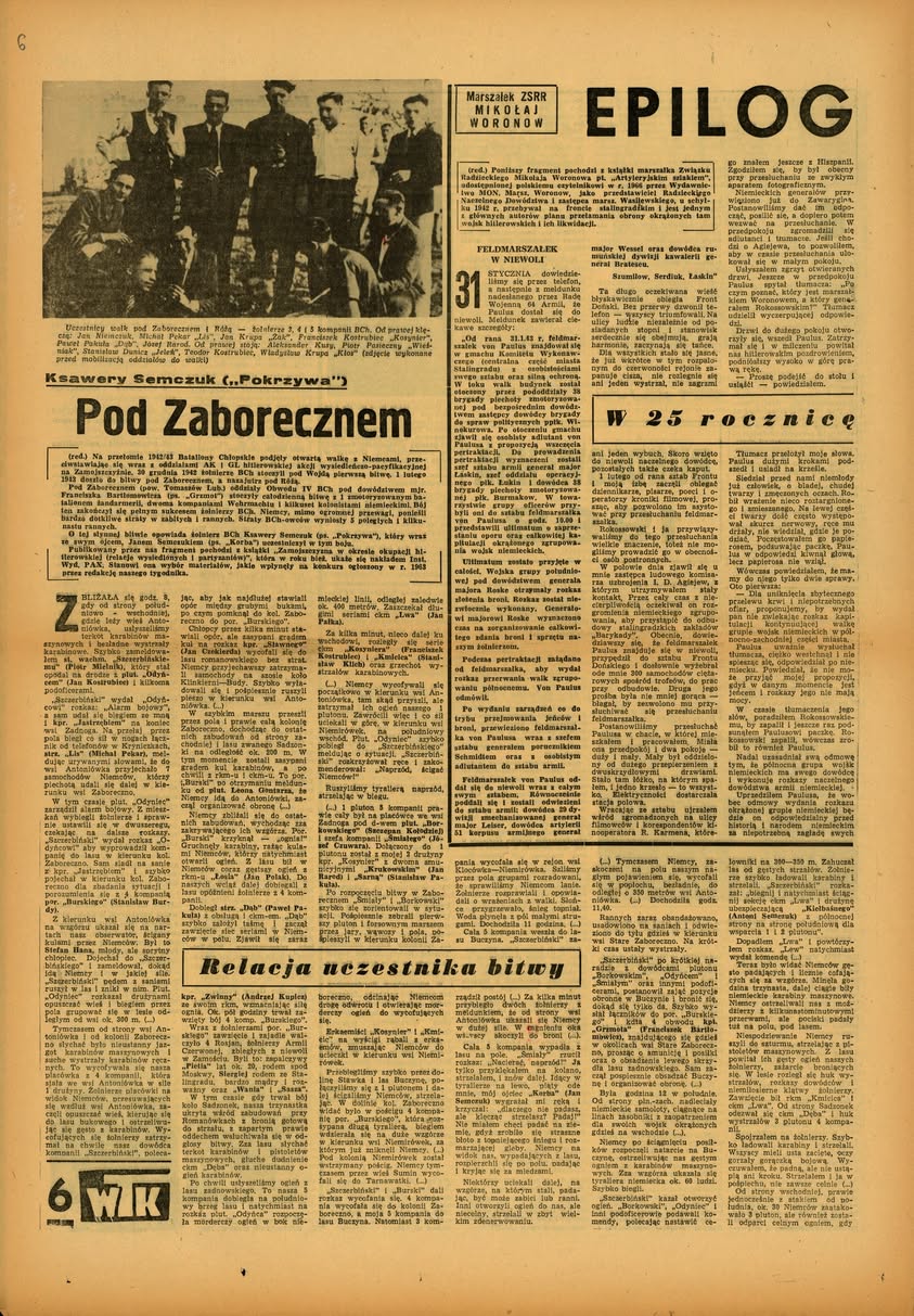 Wspomnienia Ksawerego Semczuka ps. „Pokrzywa” pt. „Pod Zaborecznem”, opublikowane we „Wrocławskim Tygodniku Katolików”, Nr 5 (751) z 4 lutego 1968 r., przekazanym do zasobu IPN przez p. Marka Jedynaka (z zasobu IPN)