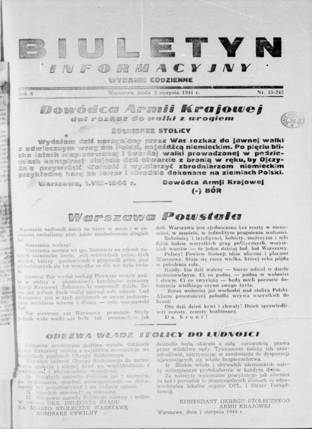 Fotokopia „Biuletynu Informacyjnego”, nr 35 (242) z 2 sierpnia 1944 r.; pierwszy numer wydany w okresie powstania z odezwą dowódcy Armii Krajowej gen. Tadeusza Komorowskiego „Bora” (z zasobu IPN)