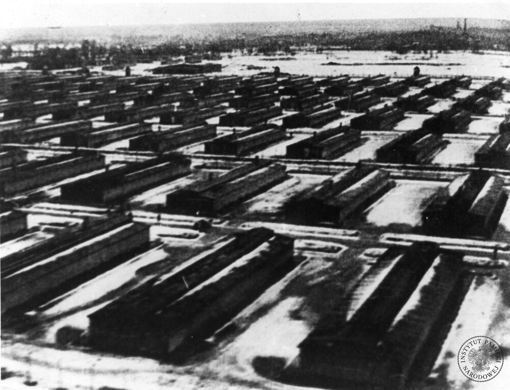 Widok obozu zagłady KL Auschwitz-Birkenau w Brzezince zimą 1945 roku, bezpośrednio po wyzwoleniu (fot. z zasobu AIPN)