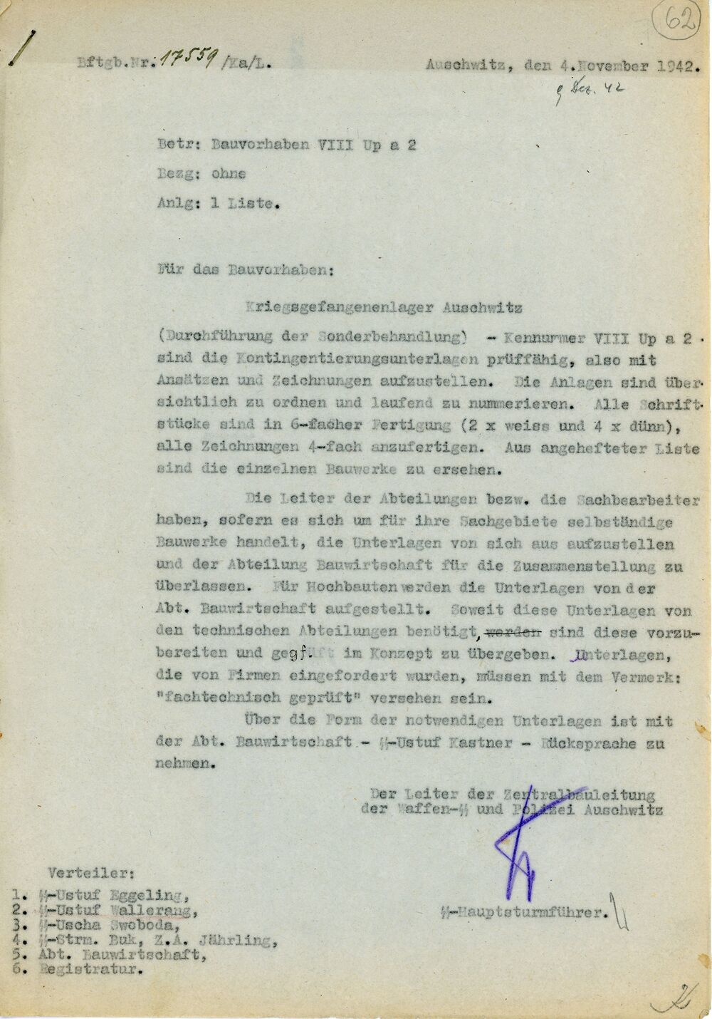 Zarządzenie kierownika centralnego biura budowlanego SS w Auschwitz z dnia 4 listopada 1942 roku informujące o przedsięwzięciach na terenie obozu w Birkenau (tu określonego jako obóz jeniecki Auschwitz), w którym prowadzi się akcję specjalnego traktowania (Durchführung der Sonderbehandlung) (Archiwum PMA-B).