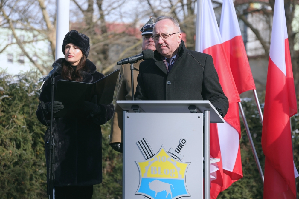Odsłonięcie Kolumny Wolności – Głubczyce, 20 lutego 2026. Na fot. zastępca prezesa IPN dr hab. Karol Polejowski. Fot. Dariusz Skrzyniarz (IPN)